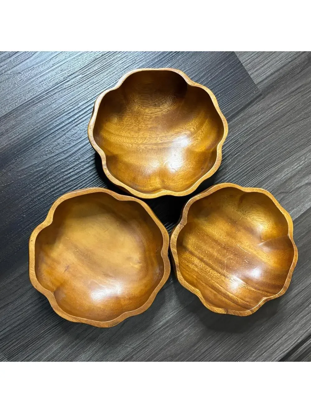 Vintage MCM Monkey Pod Wood Bowls Flower Shape Set of 3 Wooden